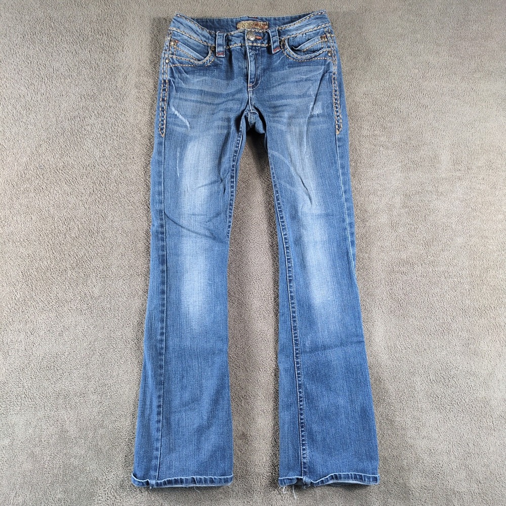 Cello Jeans‎ Womens Size 5 Bootcut Flared Distressed Denim Blue Pants RN 129303